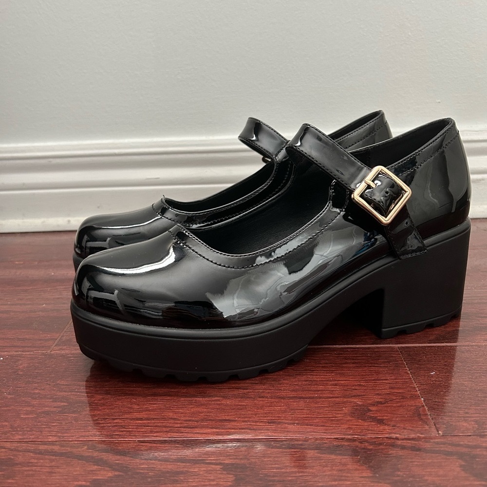Black patent platform Mary Jane heels